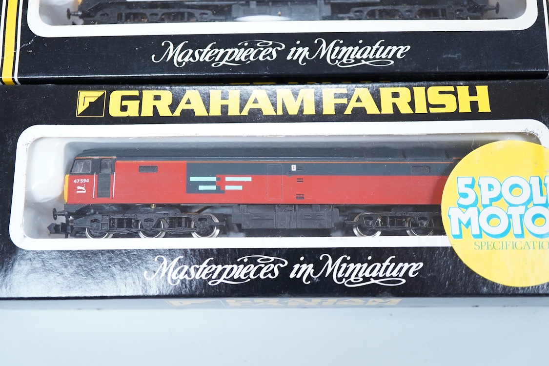Four boxed Graham Farish N gauge railway Class 47 diesel locomotives; a Waterman Railways Heritage Class, Lady Godiva 47 710 (8022), a Network SouthEast, 47 598 (8024), a Rail Express, 47 594 (8025) and a Railfreight Dis